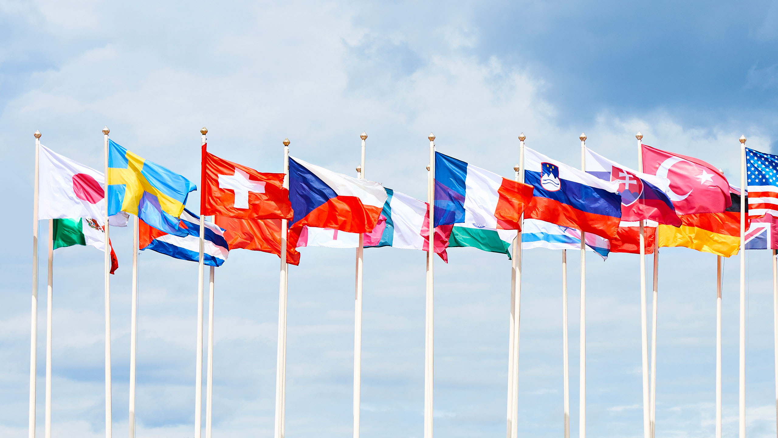 Drapeaux de différents pays sur des mâts hauts
